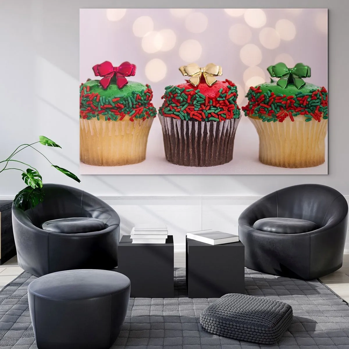 Impression sur verre - Image sur verre - Cupcakes de Noël avec décorations en forme de nœud - 70x50cm - Une sucrerie après la cocarde - Décoration murale moderne pour le salon et la chambre ARTTOR