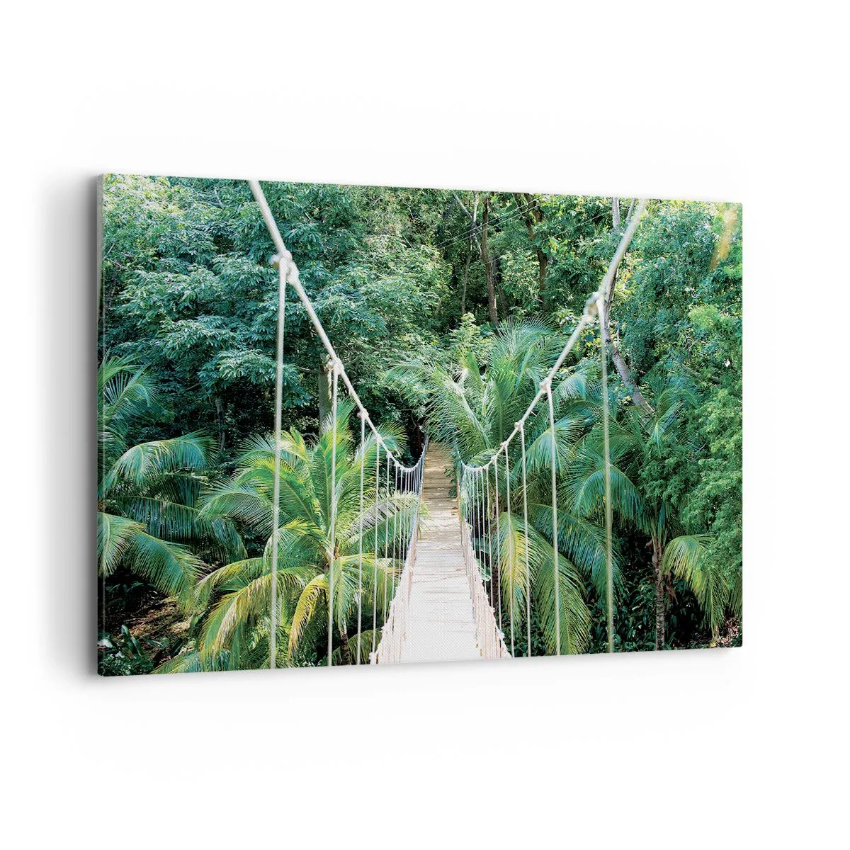 Impression sur toile - Image sur toile - Un pont suspendu dans une jungle tropicale pleine de verdure - 100x70cm - Welcome to the jungle! - Décoration murale moderne pour le salon et la chambre ARTTOR