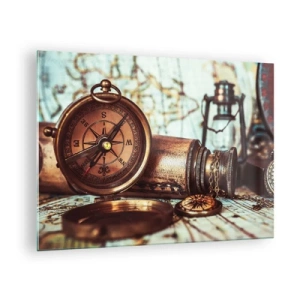 Impression sur verre - Image sur verre - Une boussole et une carte antiques sur fond d'aventures de pirates - 70x50cm - Une aventure de pirates dans les Caraïbes vous attend - Décoration murale moderne pour le salon et la chambre ARTTOR