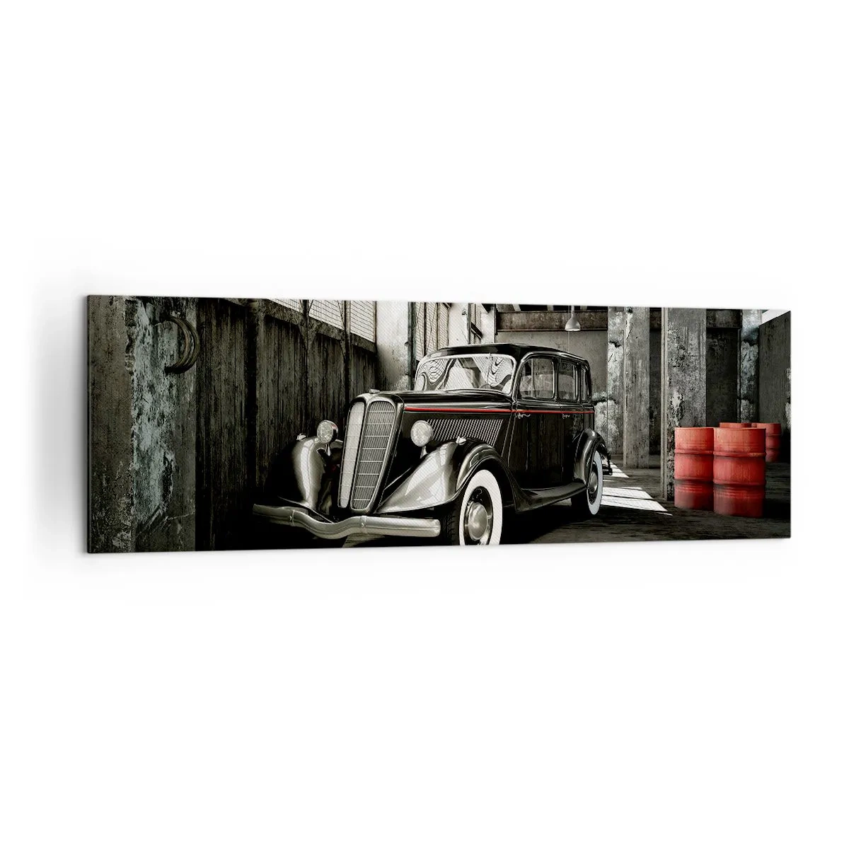 Impression sur toile - Image sur toile - Voiture rétro élégante dans un entrepôt brut - 160x50cm - L'élégance éternelle des années 30 - Décoration murale moderne pour le salon et la chambre ARTTOR