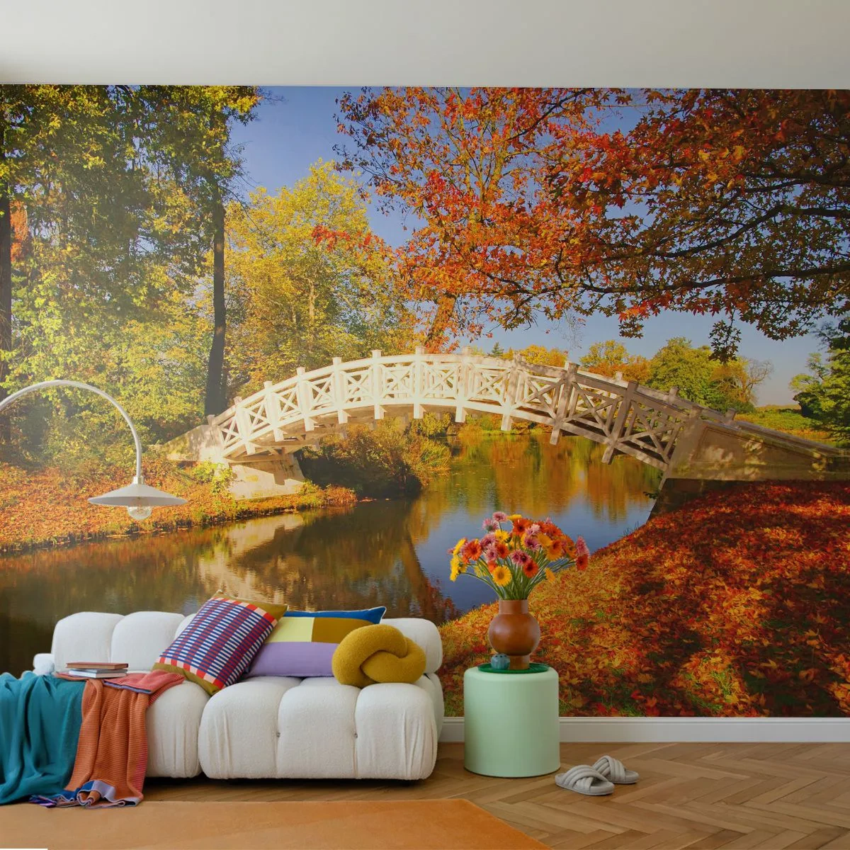 Papier peint sur mesure Autocollant Deluxe - Sur le pont blanc des soupirs - Paysage, Parc, Pont de bois