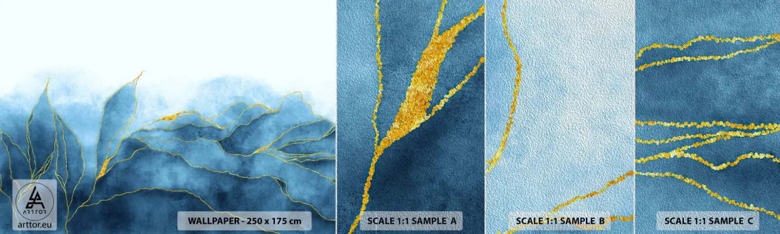 Échantillon de Papier Peint Premium Sand - Bleu doré - Luxe, Charme, Abstraction - 100x30 cm