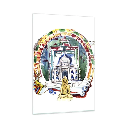 Impression sur verre - Image sur verre - Une illustration colorée de l'architecture indienne - 80x120cm - Équilibre mondial hindou - Décoration murale moderne pour le salon et la chambre ARTTOR