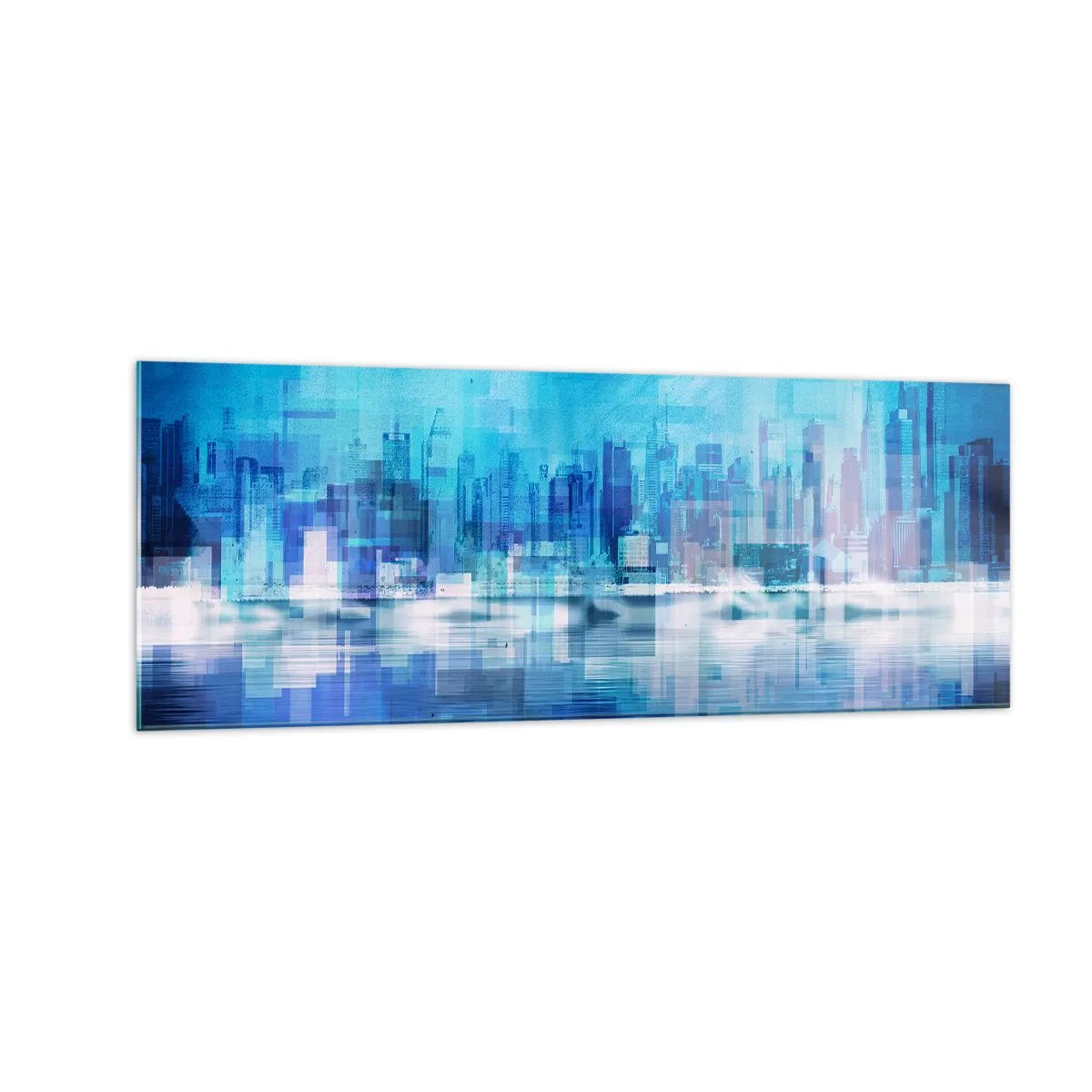 Impression sur verre - Image sur verre - Panorama urbain abstrait dans des tons bleus - 140x50cm - Noyé dans le bleu - Décoration murale moderne pour le salon et la chambre ARTTOR