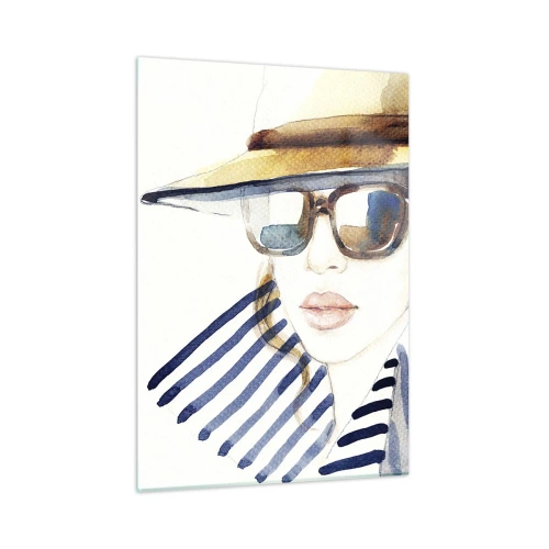 Impression sur verre - Image sur verre - Femme élégante avec un chapeau et des lunettes dans un style aquarelle - 50x70cm - La Floride vous souhaite la bienvenue ! - Décoration murale moderne pour le salon et la chambre ARTTOR