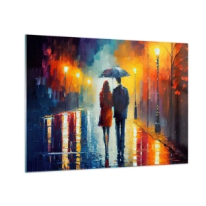 Impression sur verre - Image sur verre - Un couple sous un parapluie dans une rue nocturne colorée sous la pluie. - 70x50cm - Ensemble – une nuit colorée - Décoration murale moderne pour le salon et la chambre ARTTOR