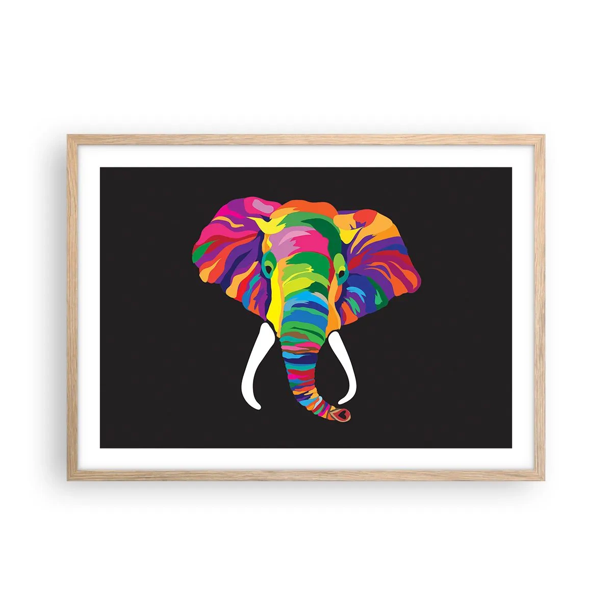 Affiche dans un chêne clair - Poster - L'éléphant qui aimait se baigner dans un arc-en-ciel - 70x50 cm