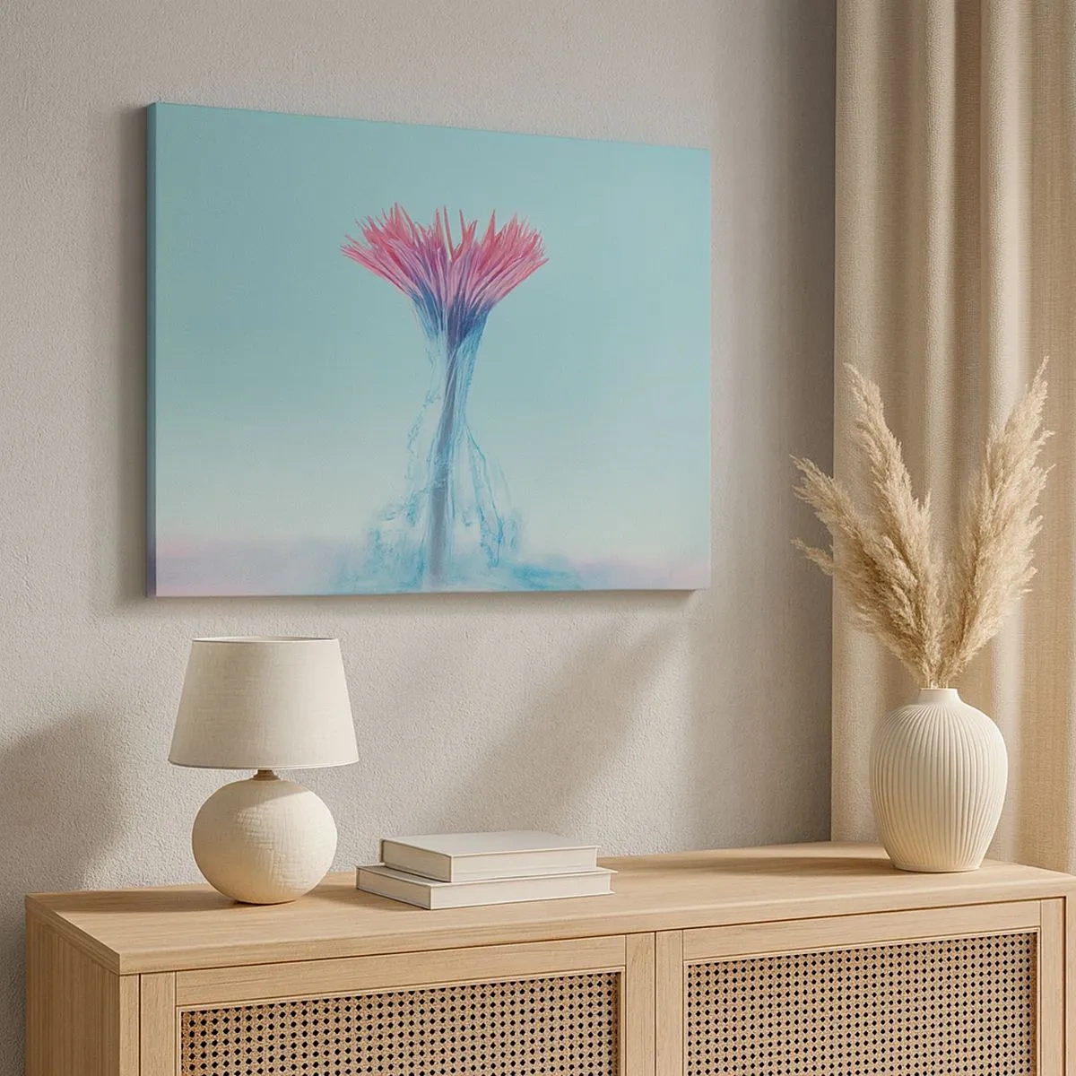 Impression sur toile - Image sur toile - Une fleur rose et bleue dans un arrangement artistique sur un fond pastel - 70x50cm - Dans une étreinte vivifiante - Décoration murale moderne pour le salon et la chambre ARTTOR