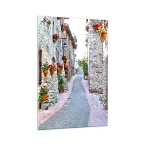 Impression sur verre - Image sur verre - Une rue étroite avec des bâtiments en pierre décorés de pots de fleurs - 70x100cm - Ambiance italienne - Décoration murale moderne pour le salon et la chambre ARTTOR