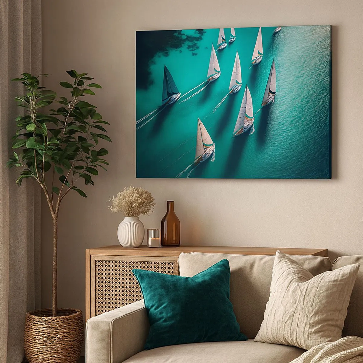 Impression sur toile - Image sur toile - Yachts sur l'eau turquoise en mouvement dynamique - 70x50cm - Dans une compétition avec le vent - Décoration murale moderne pour le salon et la chambre ARTTOR