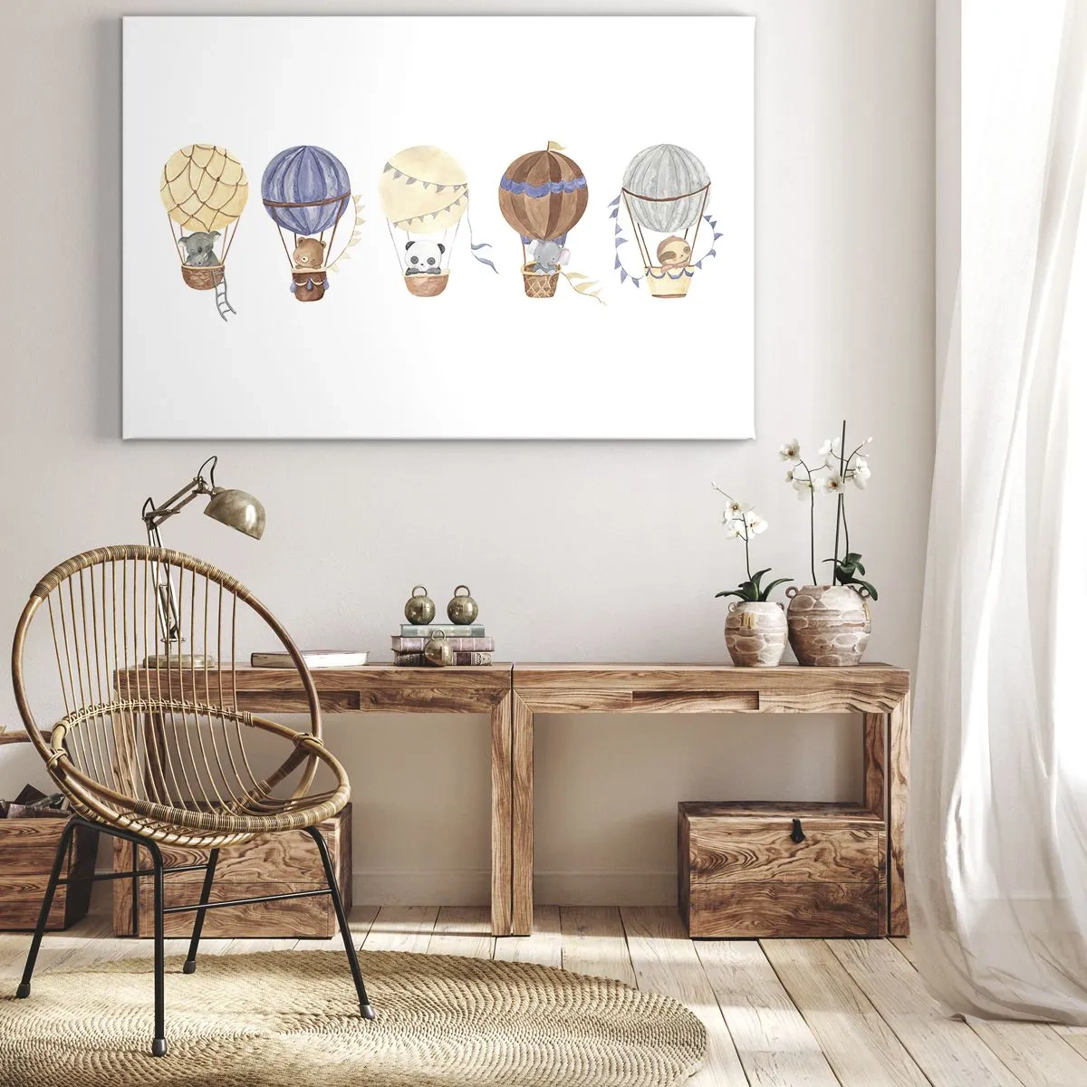 Impression sur toile - Image sur toile - Animaux mignons dans des ballons sur fond blanc - 120x80cm - Compagnons de voyage - Décoration murale moderne pour le salon et la chambre ARTTOR
