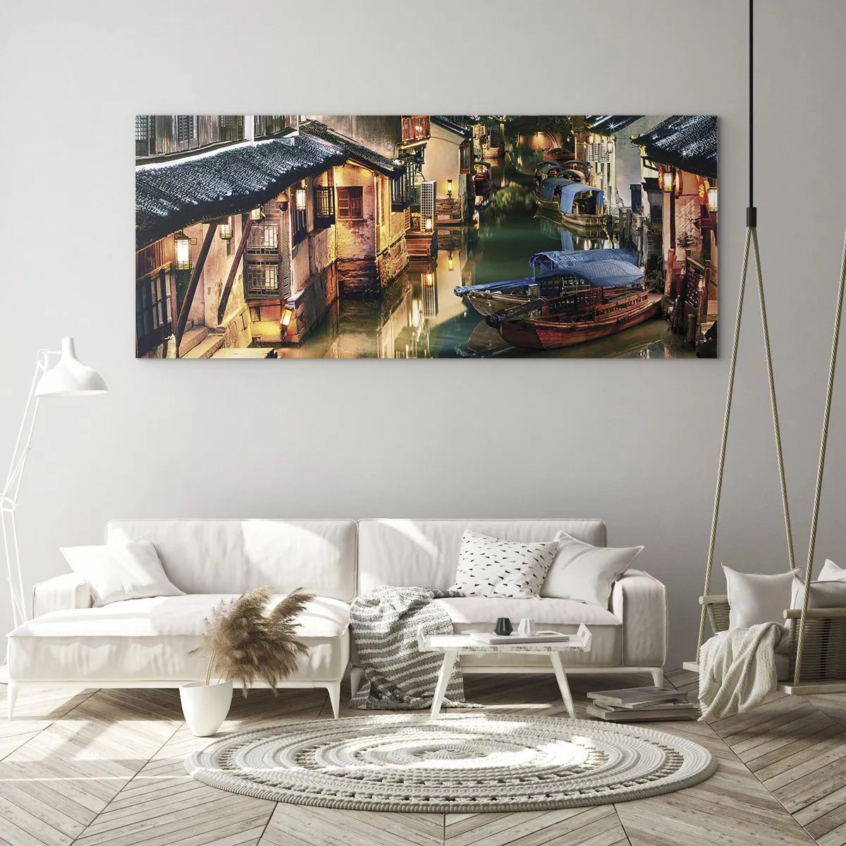 Impression sur verre - Image sur verre - Vue nocturne des canaux avec bateaux et maisons traditionnels - 140x50cm - Soirée dans une rue chinoise - Décoration murale moderne pour le salon et la chambre ARTTOR
