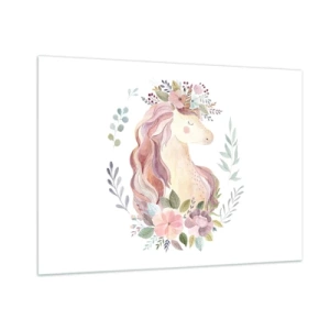 Impression sur verre - Image sur verre - Une licorne de dessin animé avec une crinière de fleurs pastel - 100x70cm - Invitation au monde des contes de fées - Décoration murale moderne pour le salon et la chambre ARTTOR