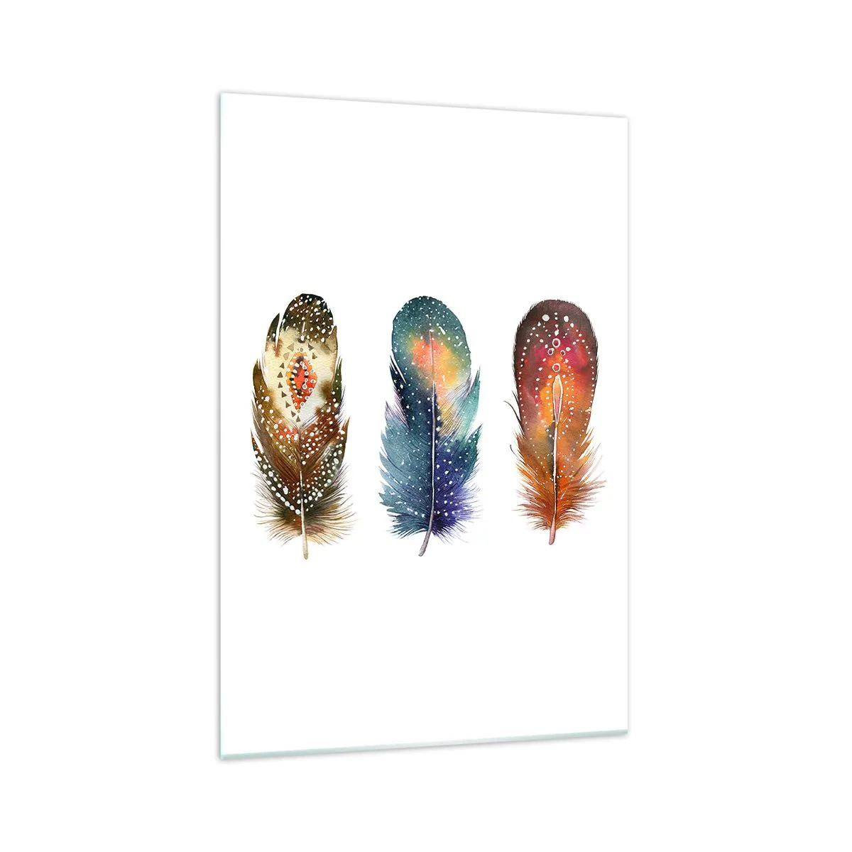 Impression sur verre - Image sur verre - Trois plumes colorées avec des motifs artistiques sur un fond clair - 70x100cm - Rituels, cérémonies, secrets - Décoration murale moderne pour le salon et la chambre ARTTOR
