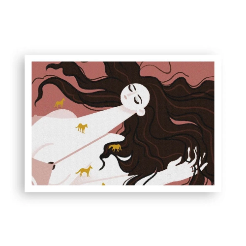 Affiche - Poster - Une silhouette aux yeux fermés entourée de chevaux dorés - 100x70cm - Rêve d'un cheval d'or - Décoration murale moderne pour le salon et la chambre ARTTOR