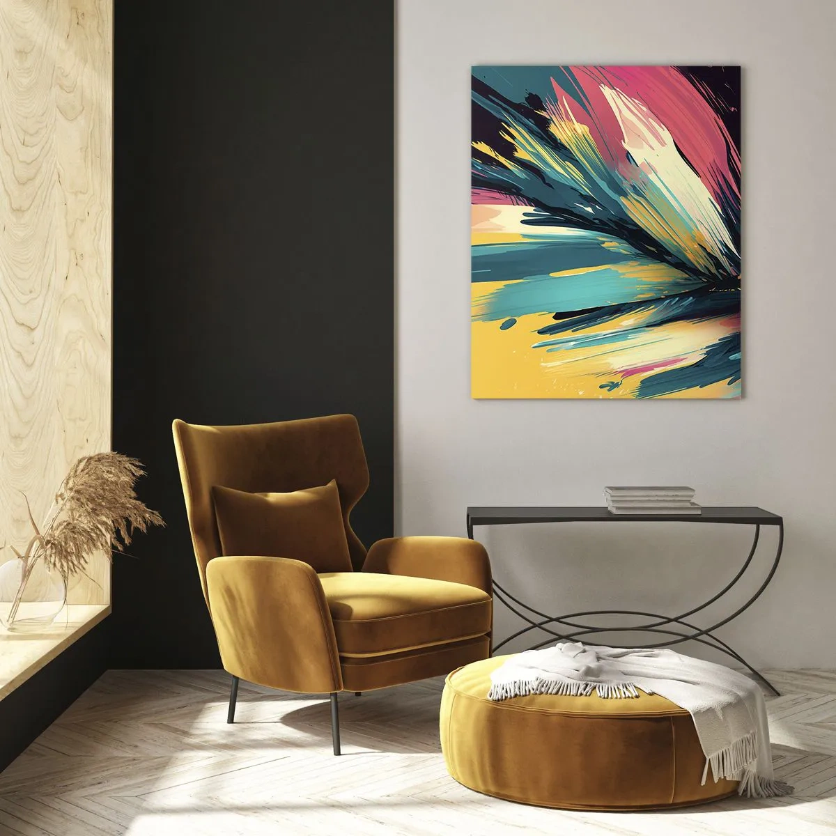Impression sur verre - Image sur verre - Une composition abstraite aux couleurs intenses et contrastées. - 70x100cm - Composition – une explosion de joie - Décoration murale moderne pour le salon et la chambre ARTTOR