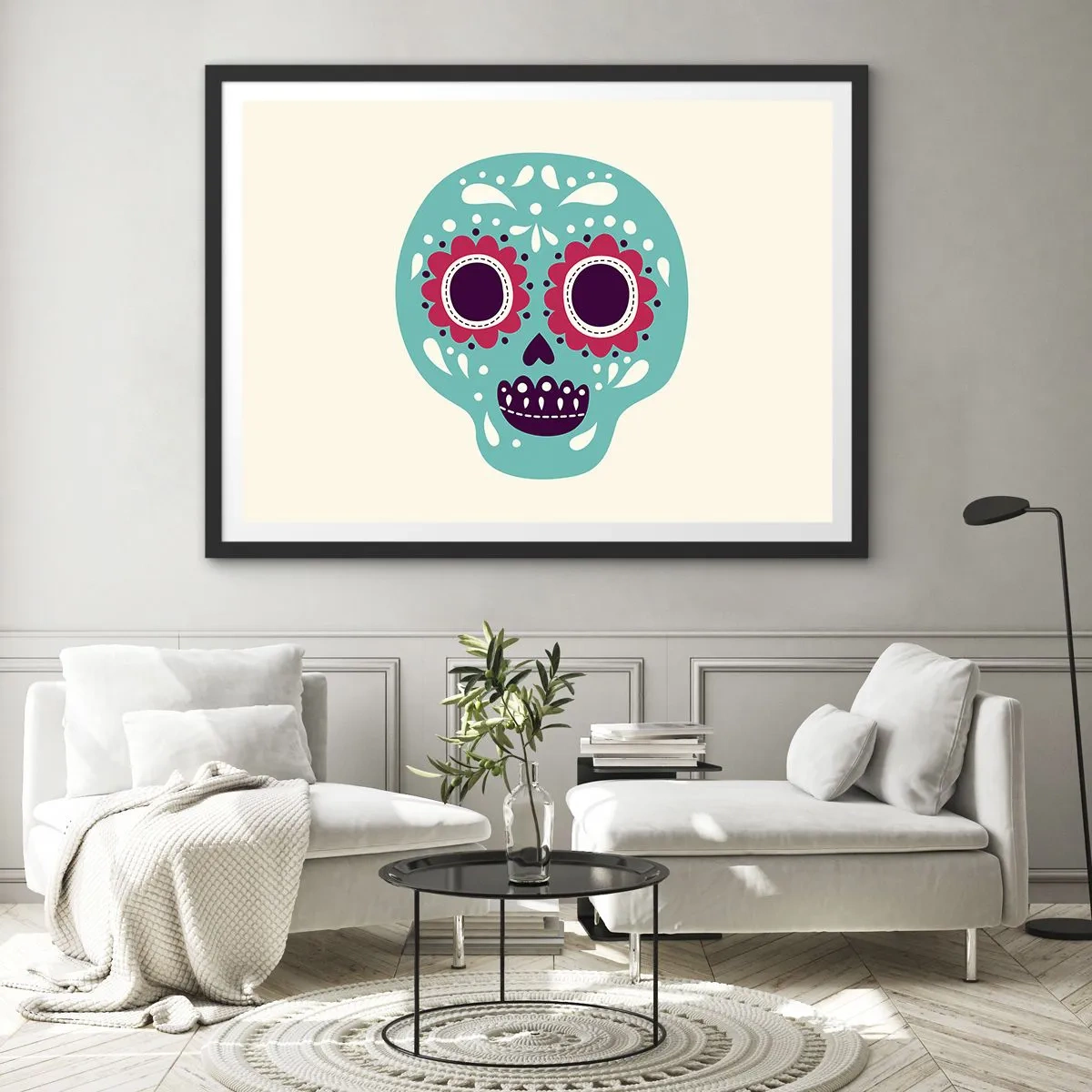 Affiche dans un cadre noir - Poster - Un crâne en sucre turquoise et violet inspiré de la culture mexicaine - 70x50cm - La vie – du plaisir jusqu'à la mort - Décoration murale moderne pour le salon et la chambre ARTTOR