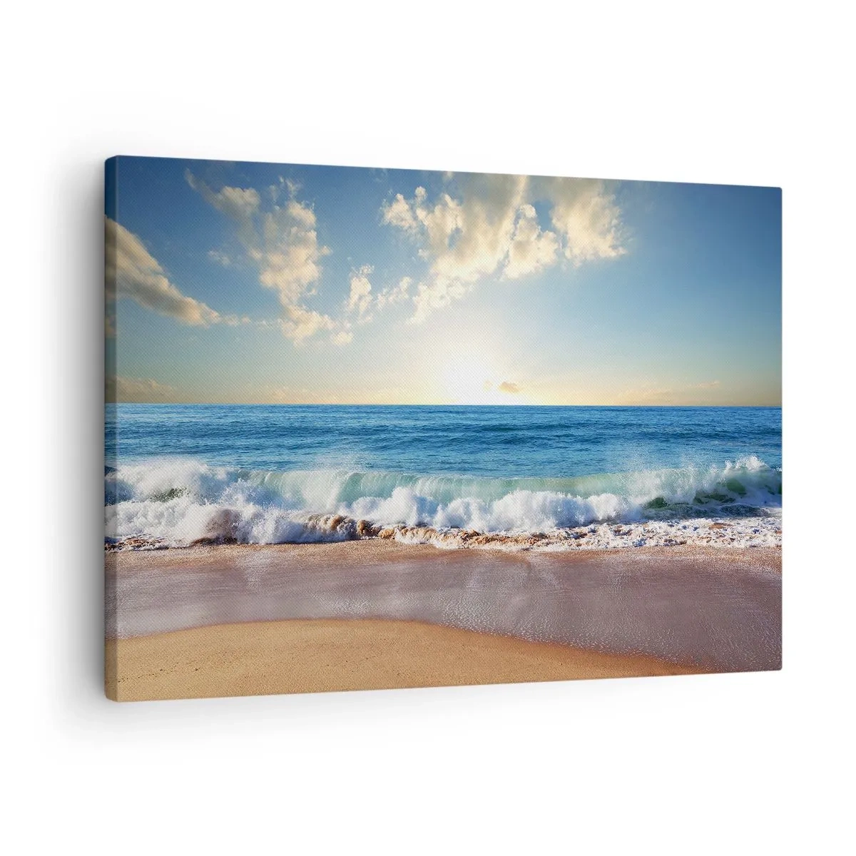 Impression sur toile - Image sur toile - Une plage ensoleillée avec des vagues s'écrasant sur le rivage - 70x50cm - Mouvement et immobilité à la fois - Décoration murale moderne pour le salon et la chambre ARTTOR