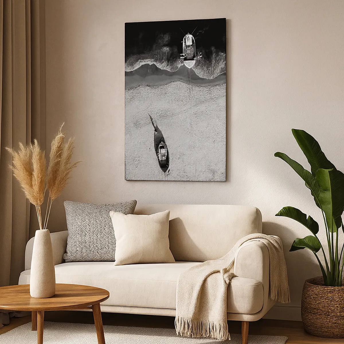 Impression sur toile - Image sur toile - Vue aérienne en noir et blanc de bateaux sur la plage - 50x70cm - Toujours sur le rivage… - Décoration murale moderne pour le salon et la chambre ARTTOR