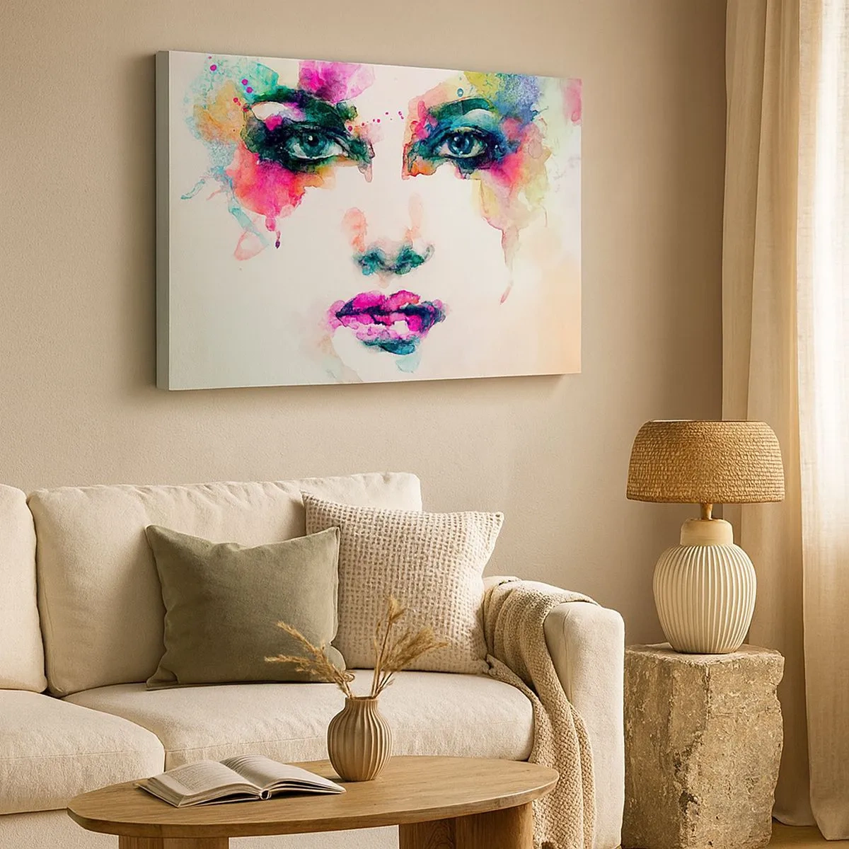 Impression sur toile - Image sur toile - Portrait abstrait d'une femme aux couleurs intenses - 70x50cm - Un portrait peint avec un arc-en-ciel - Décoration murale moderne pour le salon et la chambre ARTTOR