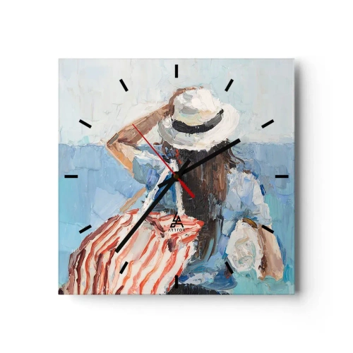 Horloge murale - Pendule murale - Une femme avec un chapeau contre la mer bleue - 30x30cm - Bienvenue à vos vacances - Décoration murale moderne pour le salon et la chambre ARTTOR