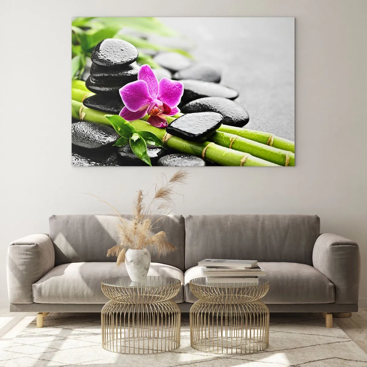Impression sur verre - Image sur verre - Orchidée, pierres noires et bambou dans un arrangement tranquille - 120x80cm - Dans un équilibre de calme - Décoration murale moderne pour le salon et la chambre ARTTOR
