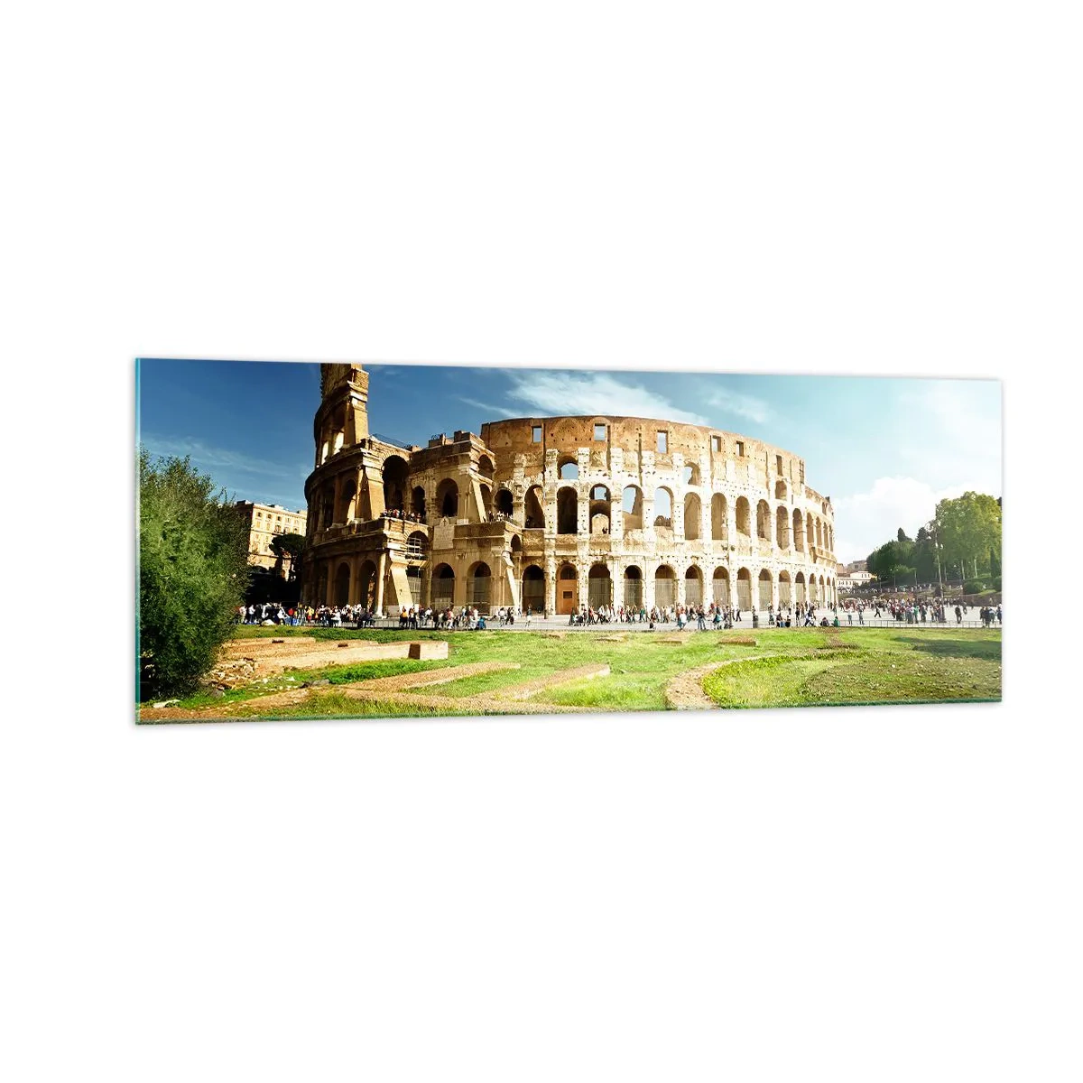 Impression sur verre - Image sur verre - Le Colisée de Rome entouré de verdure et de ciel bleu - 140x50cm - On entend encore la détonation de l'arme - Décoration murale moderne pour le salon et la chambre ARTTOR