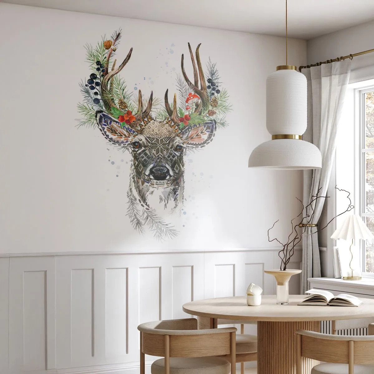 Papier Peint Photo Premium Canvas - Cerf stylisé avec des bois décoratifs sur fond blanc - 100x70cm - En robe de fête - Décoration murale moderne pour le salon et la chambre ARTTOR