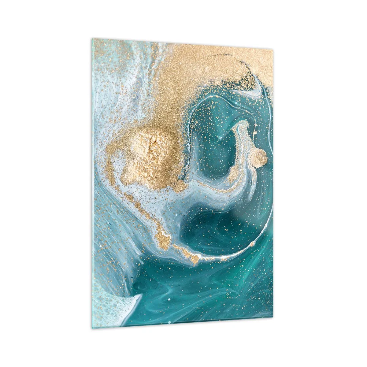 Impression sur verre - Image sur verre - De l'or sur des vagues turquoise dans un style abstrait - 50x70cm - Tourbillon d'or et de turquoise - Décoration murale moderne pour le salon et la chambre ARTTOR