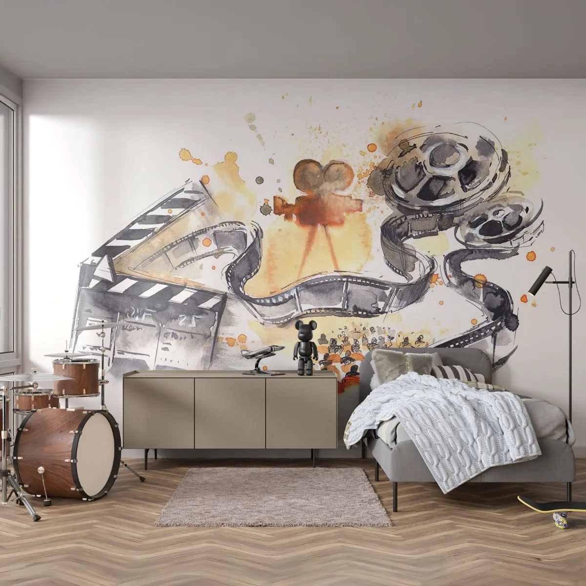 Papier Peint Photo Standard Eco - Illustration de film avec caméra, bande et clap de réalisateur - 100x70cm - Au pays des rêves - Décoration murale moderne pour le salon et la chambre ARTTOR