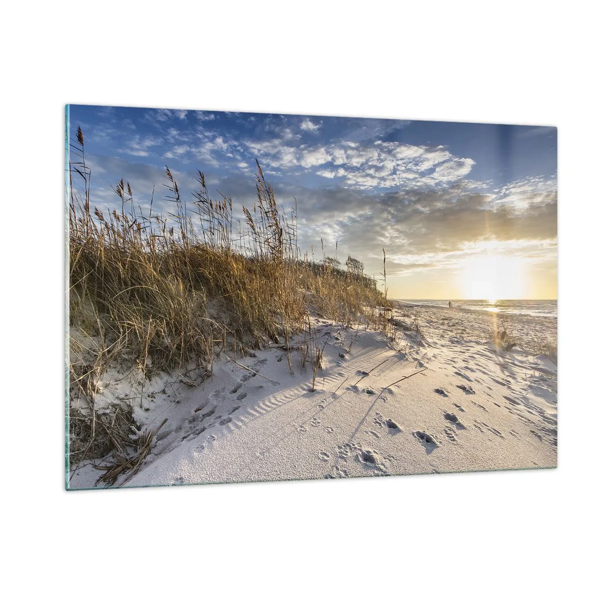Impression sur verre - Image sur verre - Plage de sable au coucher du soleil avec des herbes près de la dune - 120x80cm - Invitation à la ballade - Décoration murale moderne pour le salon et la chambre ARTTOR