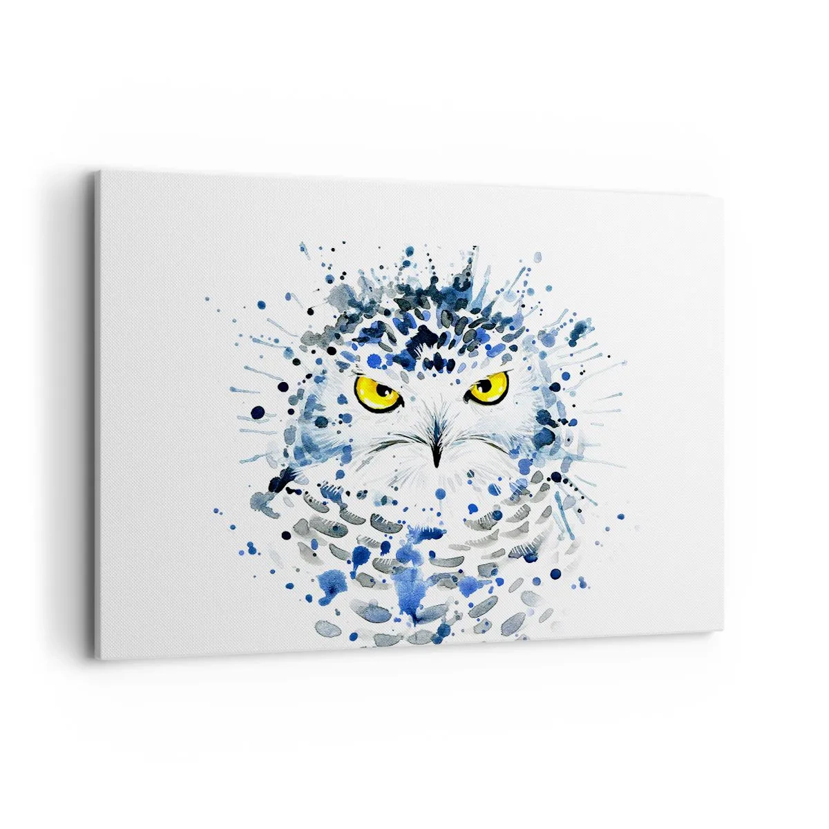Impression sur toile - Image sur toile - Portrait abstrait d'un hibou aux couleurs bleu et jaune - 120x80cm - Droit dans les yeux - Décoration murale moderne pour le salon et la chambre ARTTOR