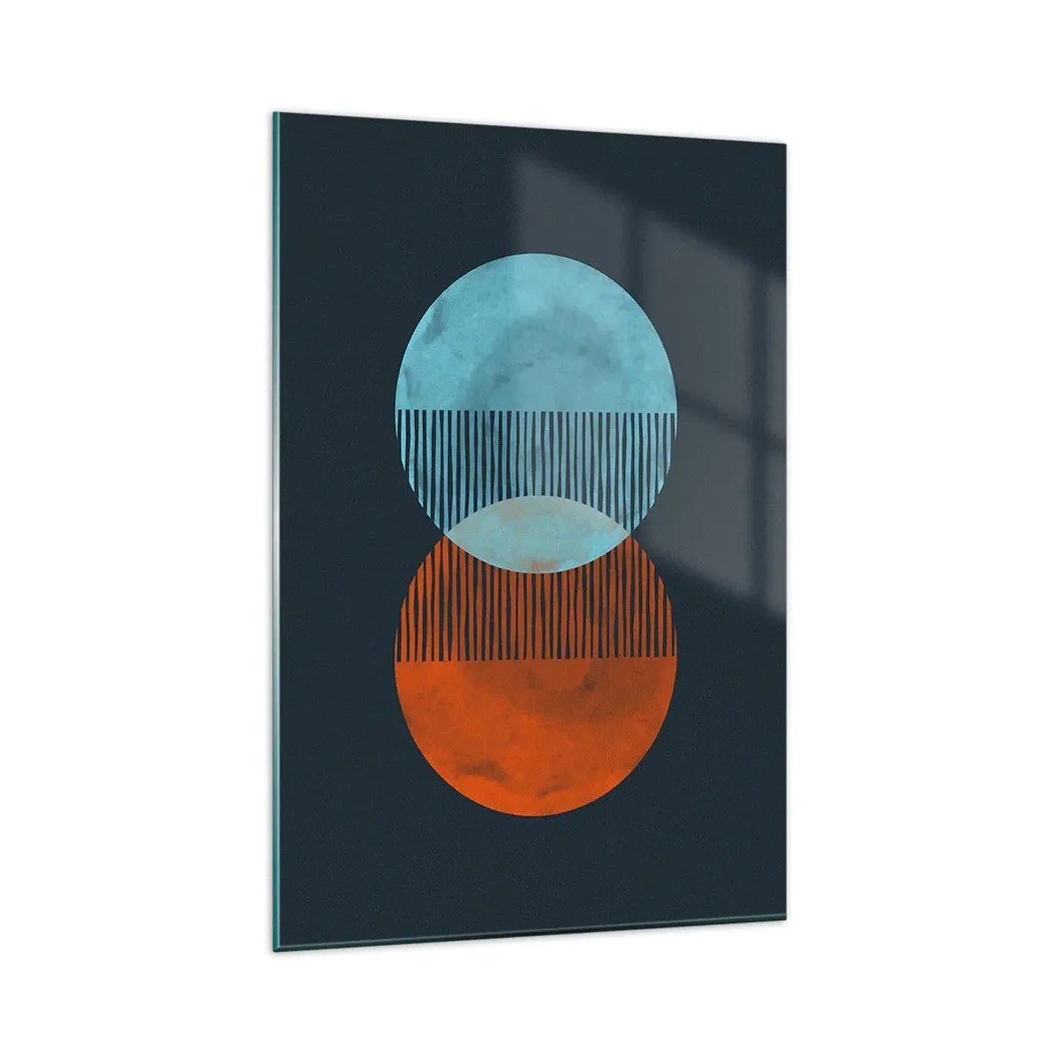 Impression sur verre - Image sur verre - Deux cercles orange et bleus sur fond sombre - 80x120cm - Fantaisie astronomique - Décoration murale moderne pour le salon et la chambre ARTTOR