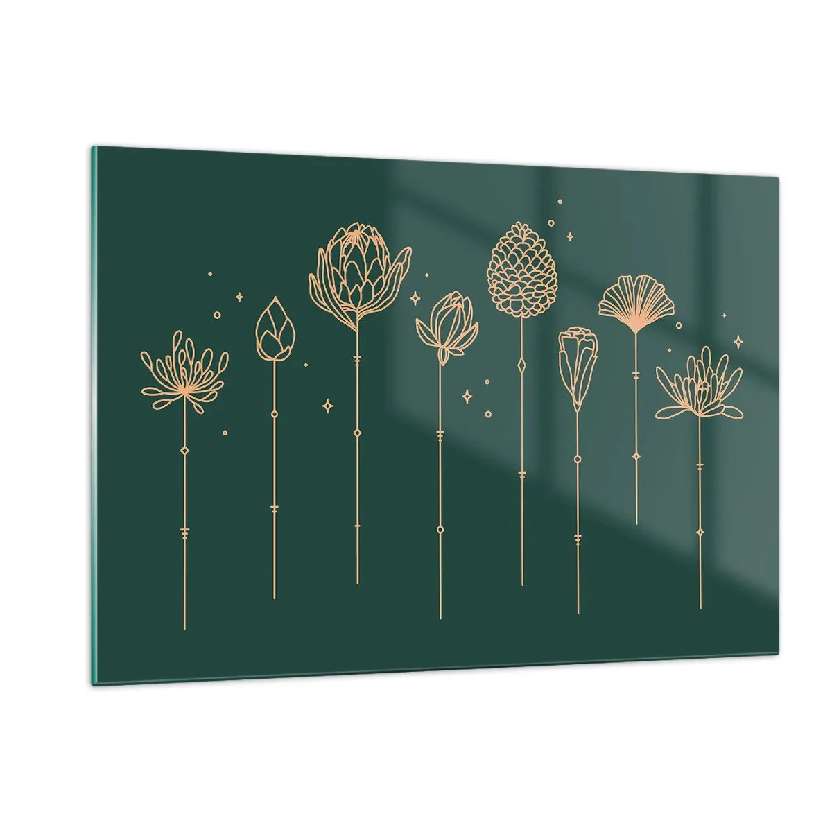 Impression sur verre - Image sur verre - Contours dorés d'herbes et de fleurs sur un fond vert foncé - 120x80cm - La famille Plante - Décoration murale moderne pour le salon et la chambre ARTTOR