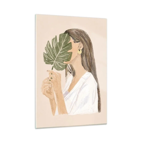Impression sur verre - Image sur verre - Une femme aux cheveux longs tenant une feuille devant son visage. - 50x70cm - Portrait mystérieux avec un éventail - Décoration murale moderne pour le salon et la chambre ARTTOR