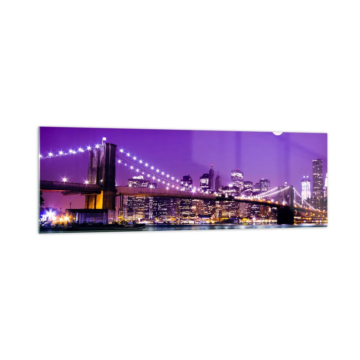 Impression sur verre - Image sur verre - Pont de Brooklyn la nuit avec la ville illuminée et la pleine lune - 160x50cm - Lumières de grande ville en violet - Décoration murale moderne pour le salon et la chambre ARTTOR