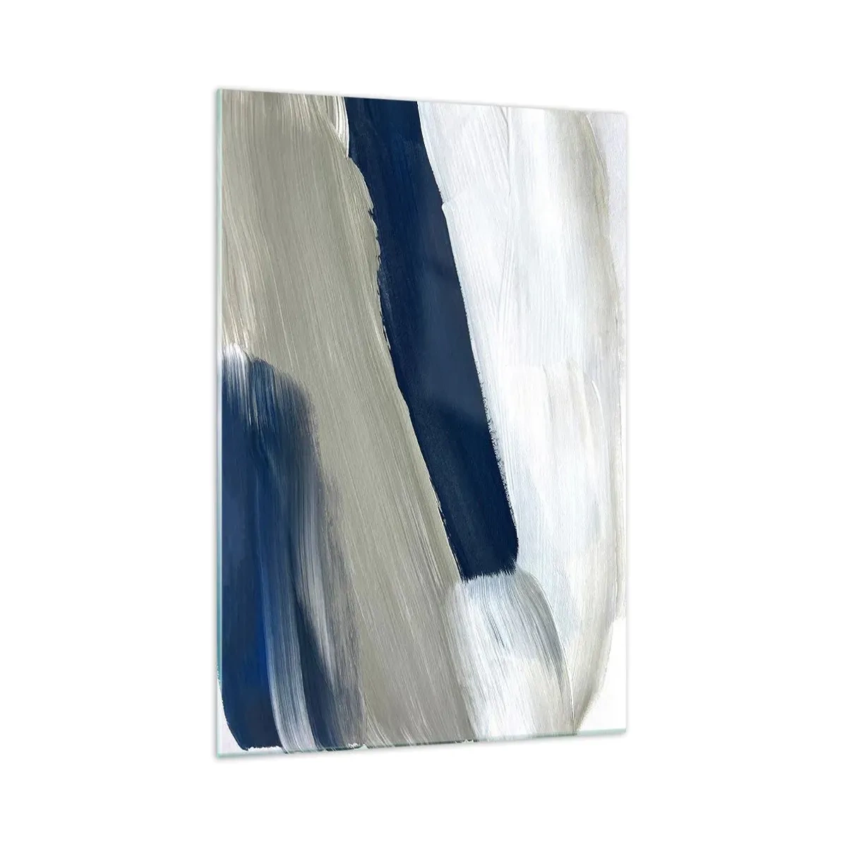 Impression sur verre - Image sur verre - Coups de pinceau abstraits dans des tons de bleu et de gris - 70x100cm - Rencontre avec la blancheur - Décoration murale moderne pour le salon et la chambre ARTTOR