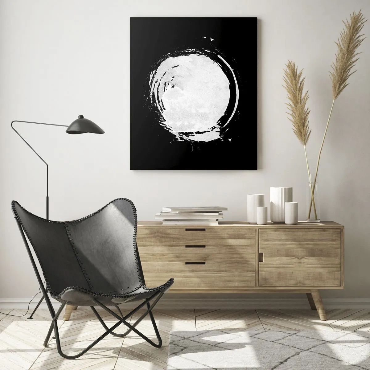 Impression sur verre - Image sur verre - Un cercle blanc sur fond noir dans un style minimaliste. - 70x100cm - Belle sortie - Décoration murale moderne pour le salon et la chambre ARTTOR