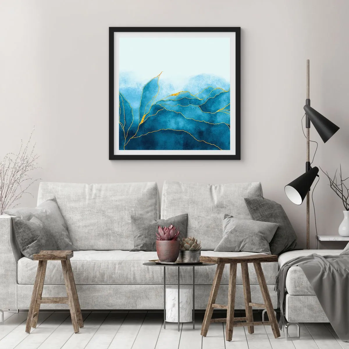 Affiche dans un cadre noir - Poster - Bleu doré - 50x50 cm
