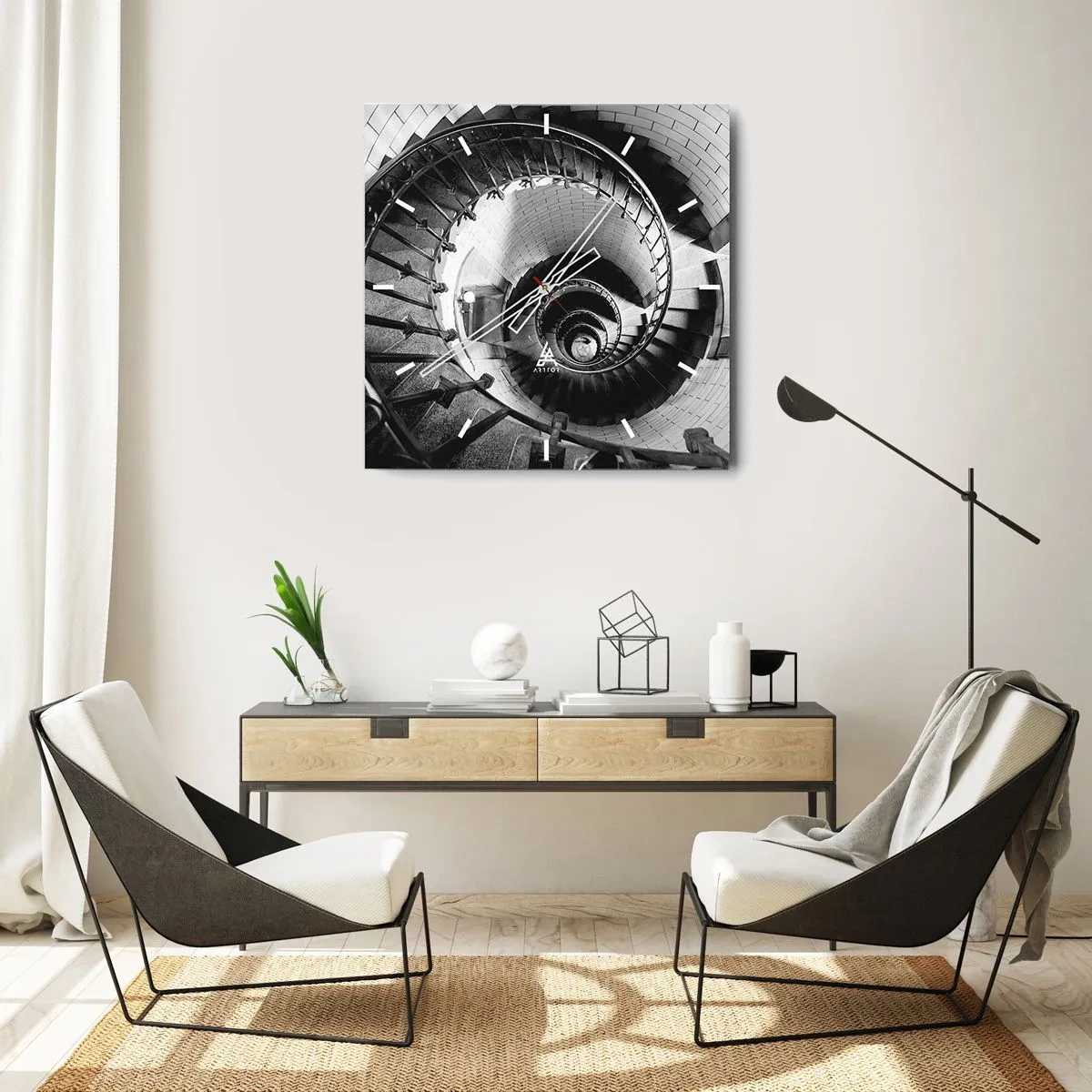 Horloge murale - Pendule murale - Photographie en noir et blanc d'un escalier en colimaçon avec une perspective de haut en bas - 30x30cm - De plus en plus haut - Décoration murale moderne pour le salon et la chambre ARTTOR