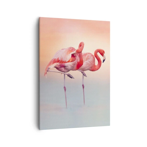 Impression sur toile - Image sur toile - Flamants roses aux couleurs pastel délicates sur fond d'eau - 50x70cm - Dans les couleurs du soleil couchant - Décoration murale moderne pour le salon et la chambre ARTTOR
