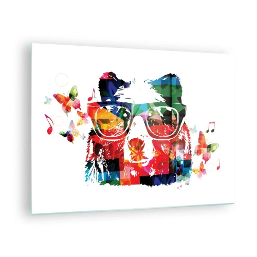 Impression sur verre - Image sur verre - Ours coloré avec des lunettes de style pop art sur le thème de la musique - 70x50cm - Ca plait au chien! - Décoration murale moderne pour le salon et la chambre ARTTOR