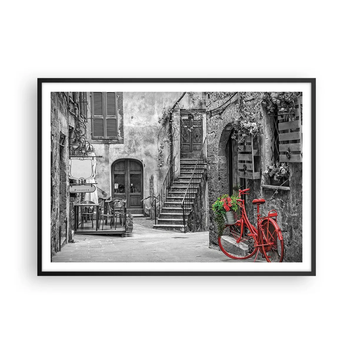 Affiche dans un cadre noir - Poster - Un vélo rouge dans une rue en noir et blanc - 100x70cm - Ruelle toscane - Décoration murale moderne pour le salon et la chambre ARTTOR