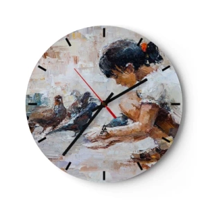 Horloge murale - Pendule murale - Une fille nourrissant des pigeons sur un fond peint - 30x30cm - Les plus petits et les plus gentils - Décoration murale moderne pour le salon, la cuisine et la chambre ARTTOR