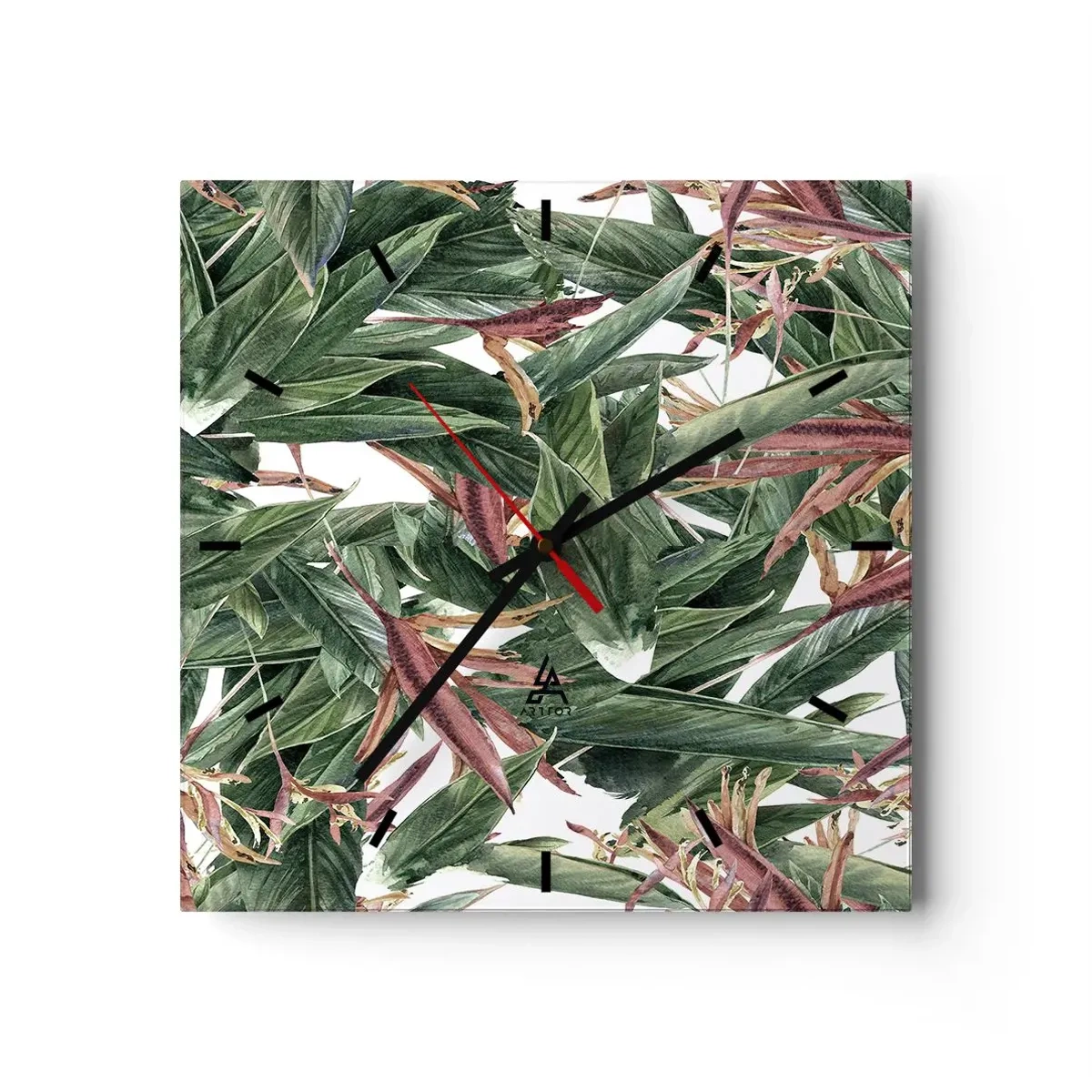 Horloge murale - Pendule murale - Un motif de feuille décoratif dans des tons de vert et de bordeaux sur un fond clair - 30x30cm - Arbuste émeraude-lilas - Décoration murale moderne pour le salon et la chambre ARTTOR