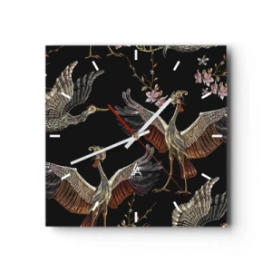 Horloge murale - Pendule murale - Grues et fleurs élégantes sur fond noir - 30x30cm - Un oiseau de conte de fées - Décoration murale moderne pour le salon et la chambre ARTTOR
