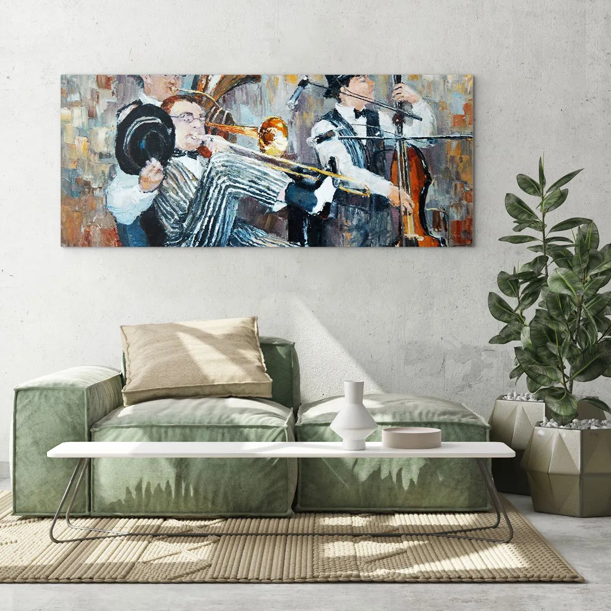 Impression sur verre - Image sur verre - Des musiciens de jazz dans un style pictural lors d'un concert - 160x50cm - C'est tout le Jazz - Décoration murale moderne pour le salon et la chambre ARTTOR