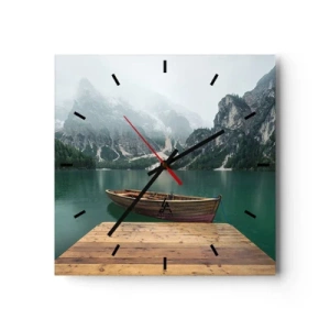 Horloge murale - Pendule murale - Un bateau en bois sur un quai sur un lac entouré de montagnes - 30x30cm - Faire face à la fierté des rochers - Décoration murale moderne pour le salon et la chambre ARTTOR