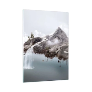 Impression sur verre - Image sur verre - Une île de montagne flottante avec une cascade dans un style surréaliste. - 50x70cm - L'oeil du surréaliste - Décoration murale moderne pour le salon et la chambre ARTTOR