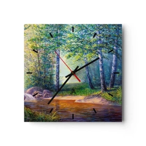 Horloge murale - Pendule murale - Un ruisseau forestier entouré de bouleaux et de soleil - 30x30cm - Paysage idyllique - Décoration murale moderne pour le salon et la chambre ARTTOR
